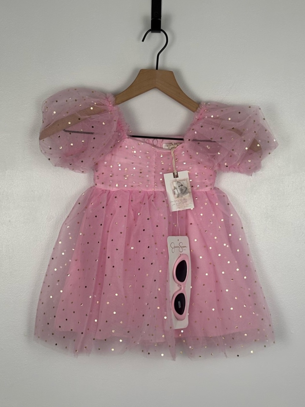 Jessica Simpson Pink Tulle Dress with Gold Polka Dots metallic Shirred Dress up